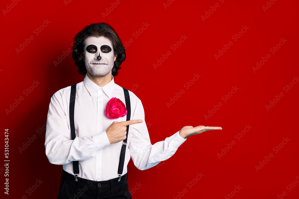 Portrait of his he handsome cheery creepy guy formal wear holding on palm demonstrating copy empty space advice choose choice isolated bright vivid shine vibrant red color background Portrait of his he handsome cheery creepy guy formal wear holding on palm demonstrating copy empty space advice choose choice isolated bright vivid shine vibrant red color background