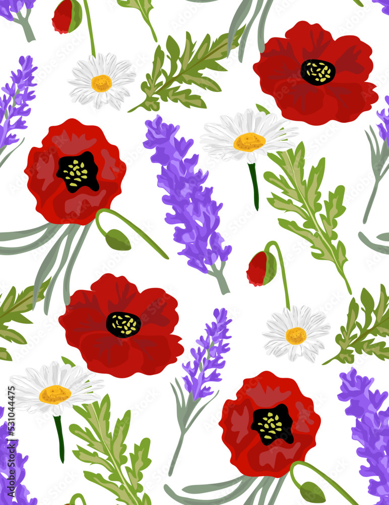 Wildflower lavender poppy and chamomile flowers - seamless pattern in cartoon style. Vector floral garden.