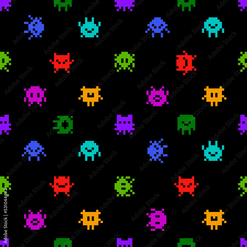 Funny Pixel Monsters - vector seamless pattern. Abstract colorful monsters on black background in 8-bit retro pixel game style. Vintage video game seamless pattern for print fabric and backdrop design