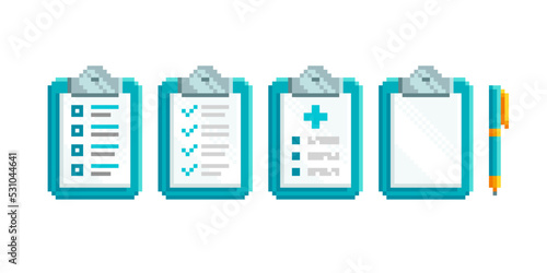 Pixel Art Note tasks isolated vector icon set. Medical tests, hecklist data in pixel style. To Do List icon. Clinic Clipboard icon in 8-bit retro video game style