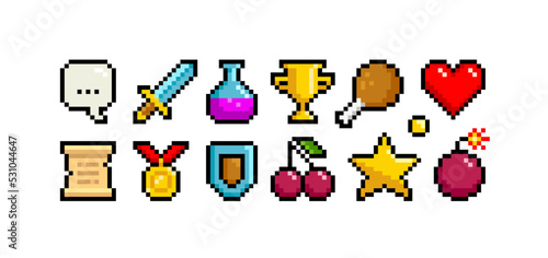 8-bt game pixel objects set - editable vector. Retro game loot icons in 8 bit style.  Pixel graphic prize signs and symbols. Pixel heart, tropy cup, bomb, cherry, chest, star, food, scroll, medal, etc