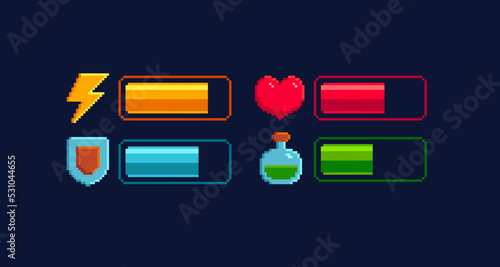 8-bit Pixel art load scale icon set. Health and Battery charge bar. Energy, Armor, Health and Mana icon set in retro game style. Retro video game or app interface elements