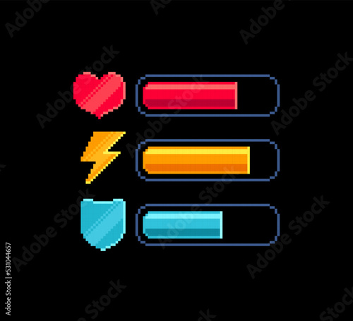 Pixel art Energy load scale icon set. Health and Battery charge bar. Energy, Armor, Health icon set in 8-bit retro game style. Retro pixel video game or app interface elements