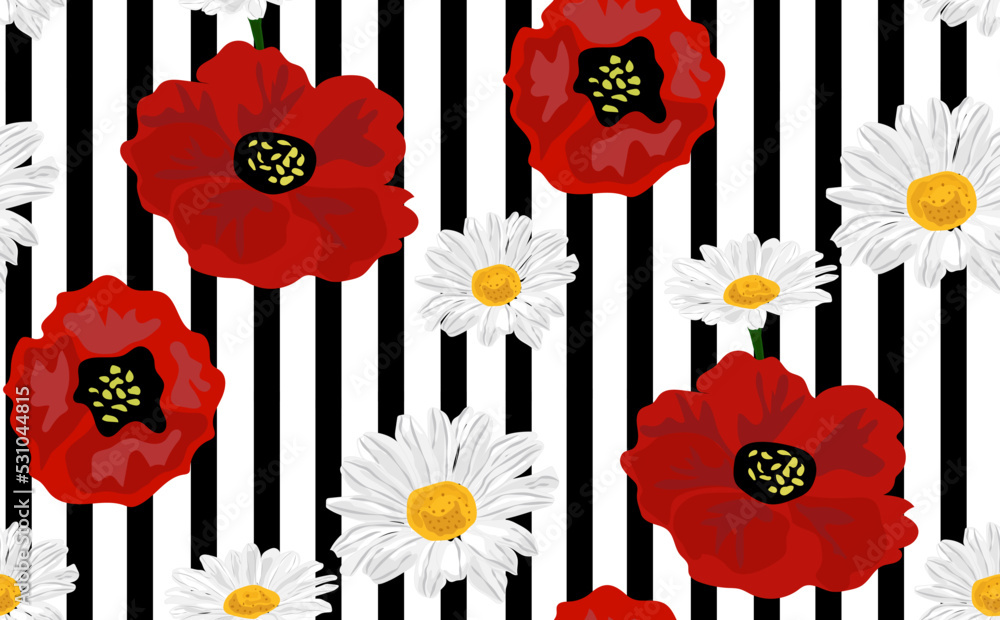 Obraz premium Poppy and chamomile flowers on black and white geometric background. Seamless pattern. Vector illustration.