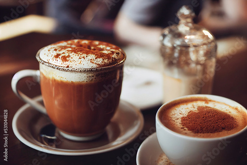 Cups of pumpkin spice latte or hot chocolate, digital art