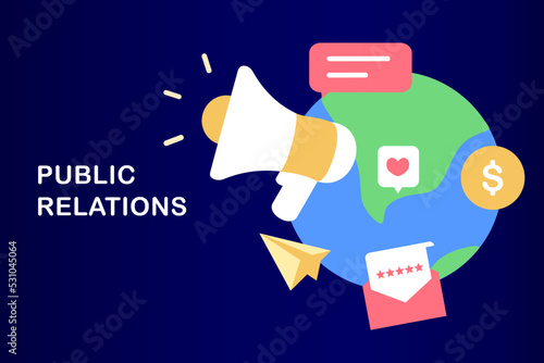 PR, marketing campaign, public relations concept on social media promotion. Management and digital marketing media strategy. Flat vector illustration. Idea of making announcements through mass media.