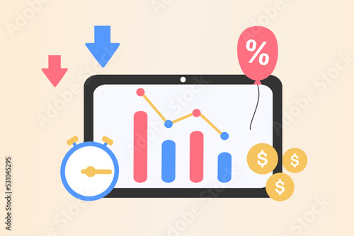 Inflation in economy. Goods and services costs more value. Rising food prices. Loss of purchasing power, increase in consumer prices, fall of currency value, financial crisis. Flat vector illustration