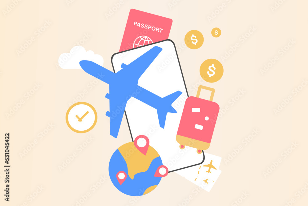 Traveling on airplane, planning for tourism on summer vacation concept. Business trip with passport and travel bag. Online ticket, travel booking and service concept. Minimalist vector illustration Traveling on airplane, planning for tourism on summer vacation concept. Business trip with passport and travel bag. Online ticket, travel booking and service concept. Minimalist vector illustration
