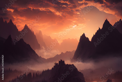 Misty foggy mountains in the sunset