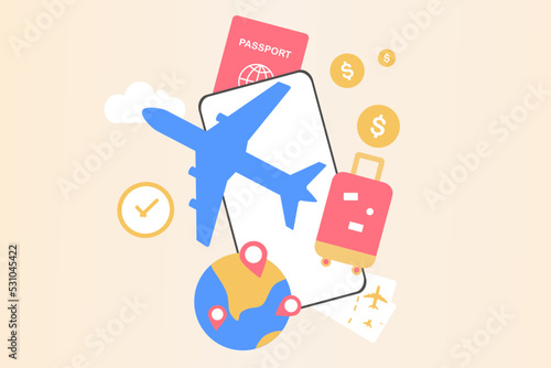 Traveling on airplane, planning for tourism on summer vacation concept. Business trip with passport and travel bag. Online ticket, travel booking and service concept.  Minimalist vector illustration