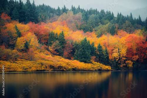 Fall forest in green,orange and yellow reflecting in the lake, digital art