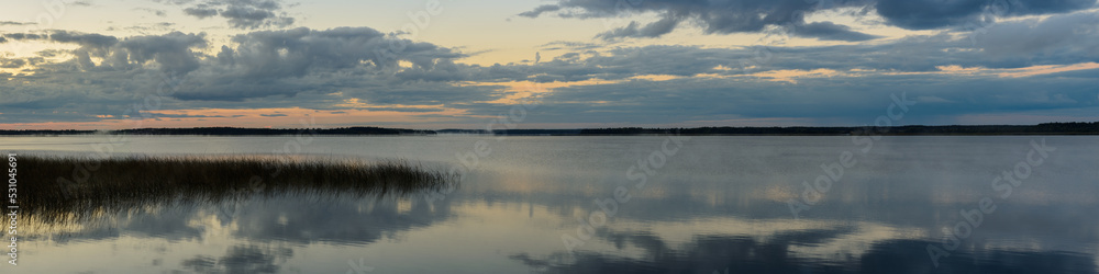 widescreen panoramic view of a large lake with reeds and a wooded distant shore in a foggy haze under a cloudy sky reflected in the water. morning twilight
