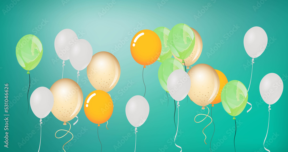 Image of colourful balloons bouncing on green background Image of colourful balloons bouncing on green background