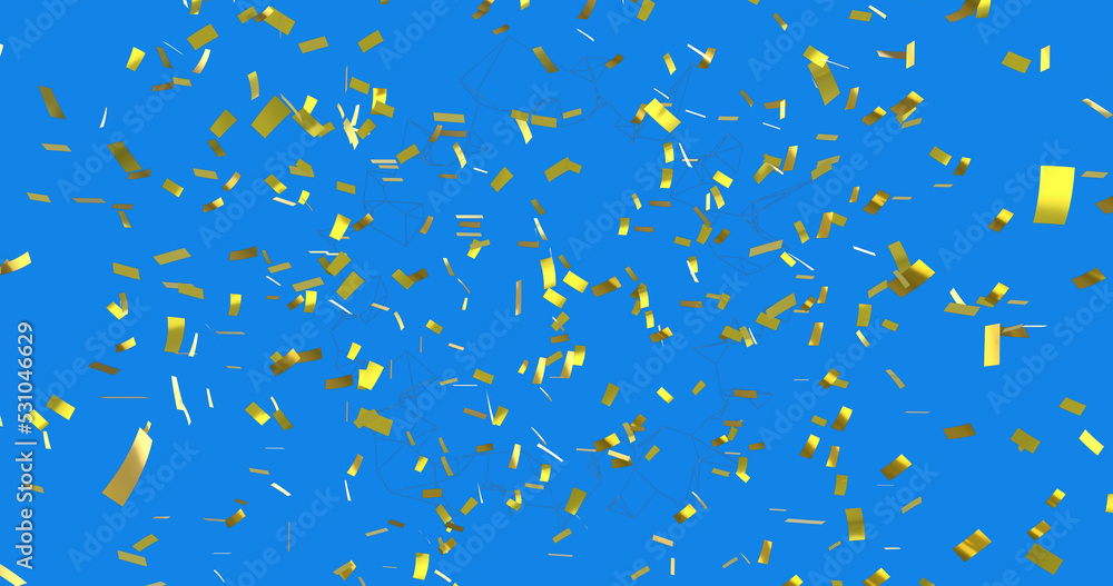 Digital image of golden confetti falling over abstract geometric shapes against blue background