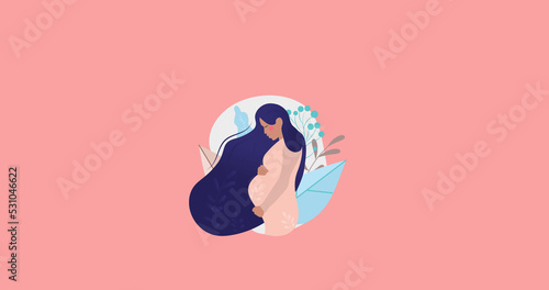 Image of figure of pregnant woman and floating yellow and black butterflies on pink background
