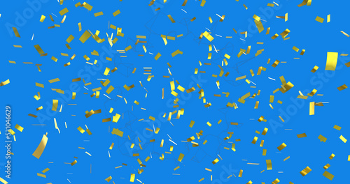 Digital image of golden confetti falling over abstract geometric shapes against blue background