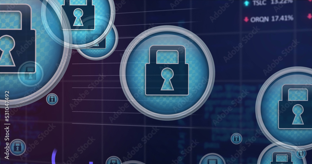 Image of padlock icons over financial data processing Image of padlock icons over financial data processing