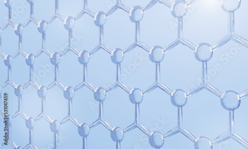 Blue transparency chemical glass hexagonal structure connection network background. Science and cosmetics concept. 3D illustration rendering