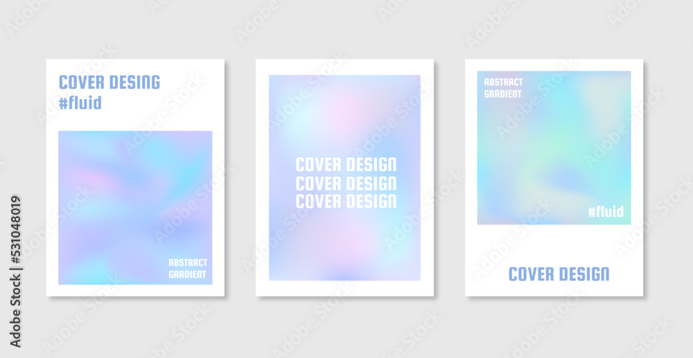 Abstract fluid gradient cover vector. Hologram style cover template with shapes, colorful and liquid color.