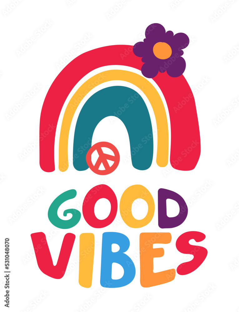 Fototapeta premium Lettering with a rainbow pattern in the retro style of the 70s. Good vibes multicolored inscription. Vector illustration