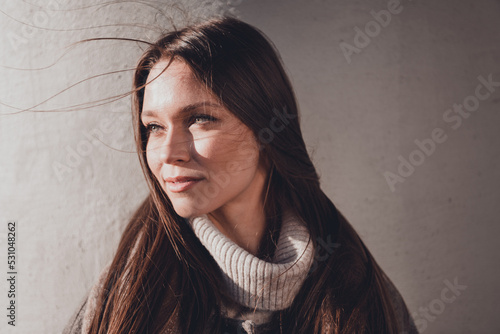 Close up photo of adorable nice lady wear stylish comfort outerwear outfit curious look around watching city life enjoy promenade outdoors