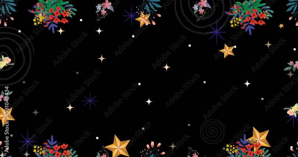Image of white and golden stars with flowers on black background Image of white and golden stars with flowers on black background