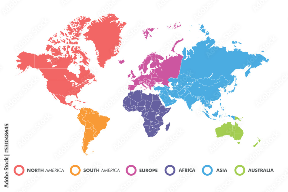 World map divided into six continents in different color. World map 6 continents isolated on white background. Vector stock World map divided into six continents in different color. World map 6 continents isolated on white background. Vector stock