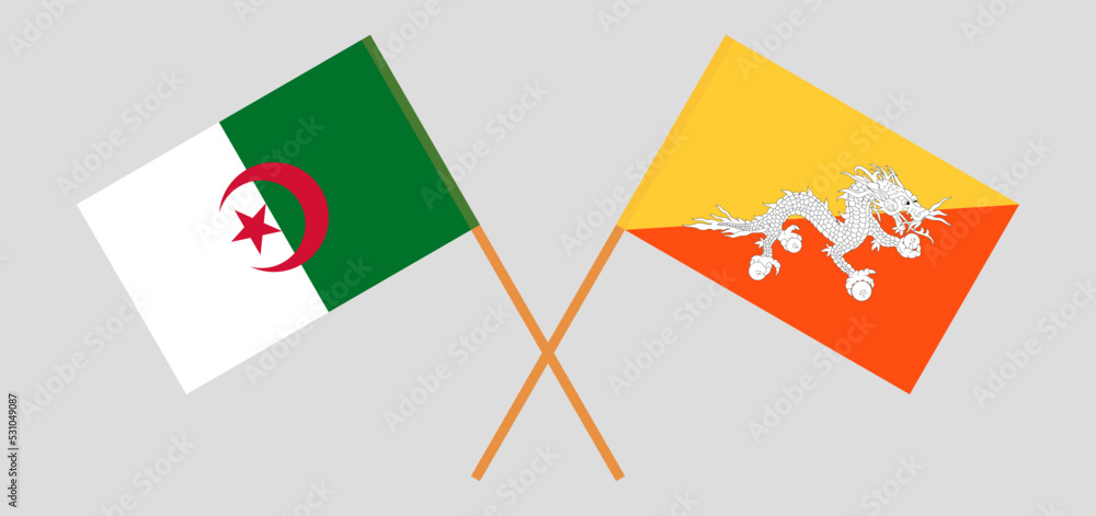 Crossed flags of Algeria and Bhutan. Official colors. Correct proportion Crossed flags of Algeria and Bhutan. Official colors. Correct proportion