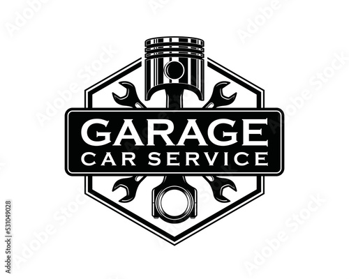 Wrench key with piston engine car for servicing in the garage car symbol icon vector. Crossed wrench for automotive repair engine car illustration vintage logo design