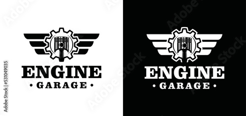 Car engine piston with gear and wings icon vector for engine garage logo design. Piston, gear and simple wings silhouette illustration sign symbol vector
