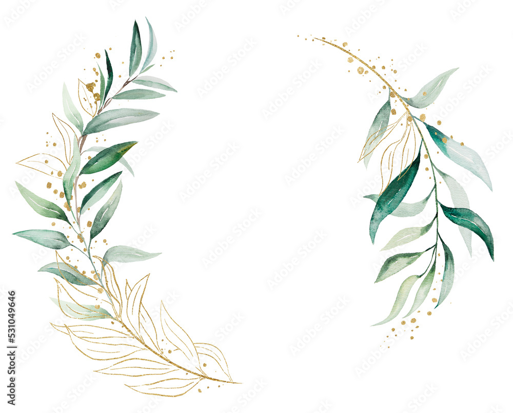 Geometric golden wreath made of green watercolor eucalyptus leaves, wedding illustration