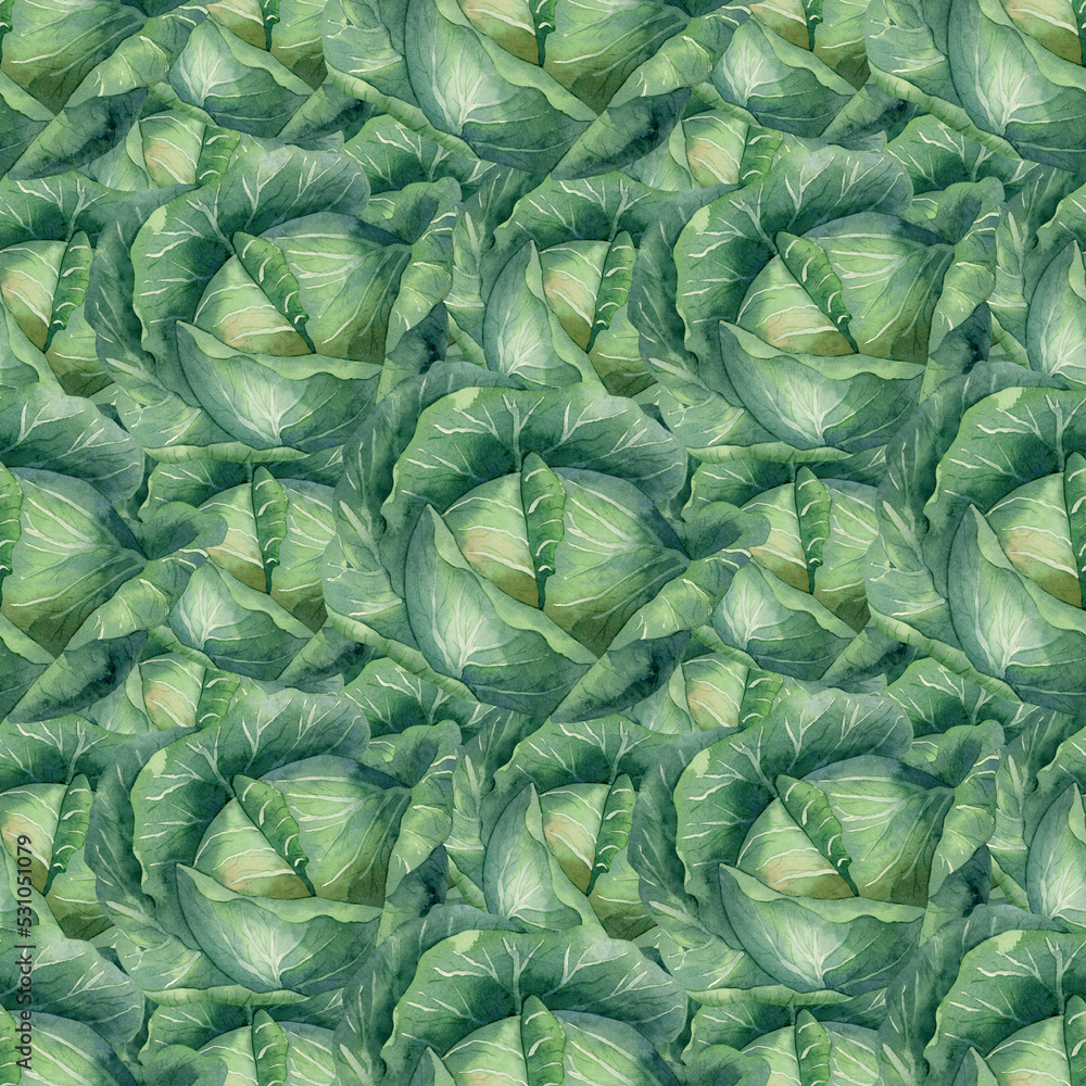 Obraz premium Seamless cabbage pattern. Watercolor background with green leafy vegetable, salad, biennial plants for textile, kitchen decor, wallpaper