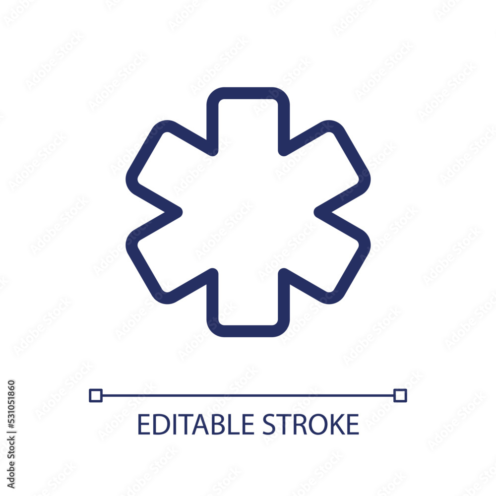 Star of life pixel perfect linear ui icon. Ambulance symbol. Emblem of medical services. GUI, UX design. Outline isolated user interface element for app and web. Editable stroke. Arial font used Star of life pixel perfect linear ui icon. Ambulance symbol. Emblem of medical services. GUI, UX design. Outline isolated user interface element for app and web. Editable stroke. Arial font used