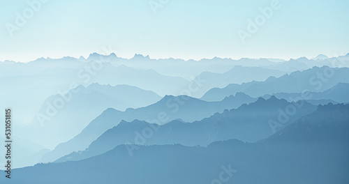 Switzerland, Panoramic view of Foggy Misty Alps at dawn, from Santis © AlehAlisevich