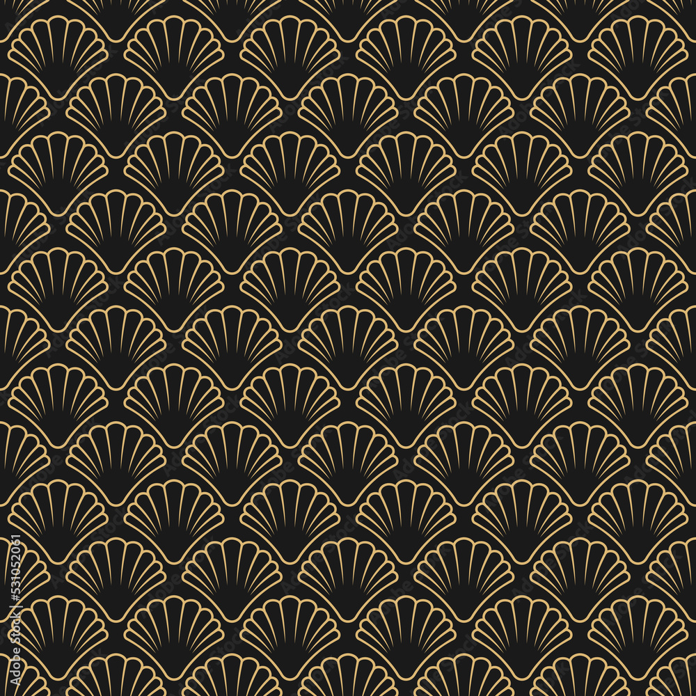 Seamless golden pattern with sea shell on black background. Seamless golden pattern with sea shell on black background.
