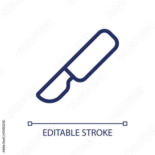 Scalpel pixel perfect linear ui icon. Surgical instrument. Sterile and sharp medical tool. GUI, UX design. Outline isolated user interface element for app and web. Editable stroke. Arial font used
