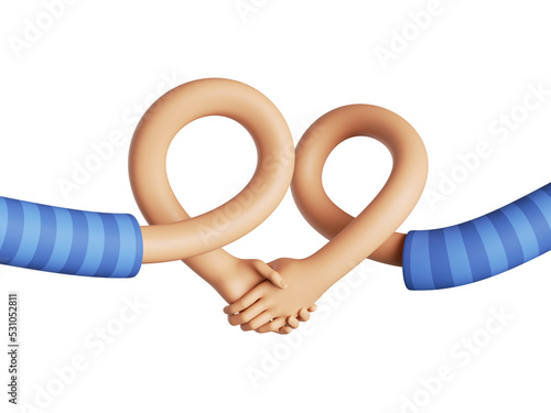 3d render, flexible human arms, elastic cartoon characters holding hands, handshake gesture. Agreement concept. Funny clip art isolated on transparent background © NeoLeo