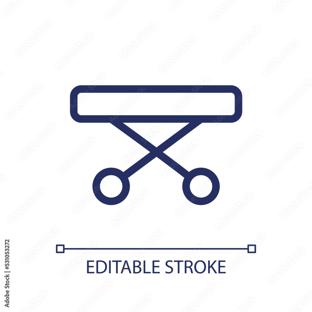 Medical gurney pixel perfect linear ui icon. Ambulance equipment. Patient transportation. GUI, UX design. Outline isolated user interface element for app and web. Editable stroke. Arial font used Medical gurney pixel perfect linear ui icon. Ambulance equipment. Patient transportation. GUI, UX design. Outline isolated user interface element for app and web. Editable stroke. Arial font used