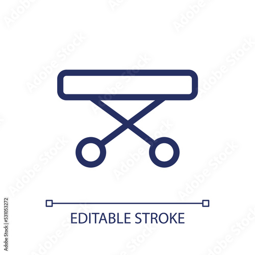 Medical gurney pixel perfect linear ui icon. Ambulance equipment. Patient transportation. GUI, UX design. Outline isolated user interface element for app and web. Editable stroke. Arial font used