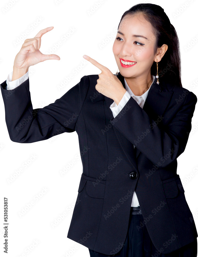 Young asian business woman pointing with hands isolated png transparent file, businesswoman presenting with confident. Young asian business woman pointing with hands isolated png transparent file, businesswoman presenting with confident.