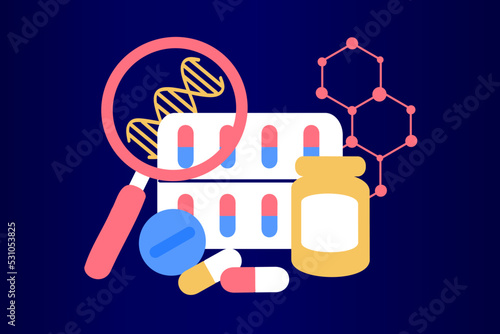 Pharmaceutical drug products manufactured from biological sources. biopharmaceutical products, biopharmacology products, biological medical product, natural pharmacy concept. Flat vector illustration.
