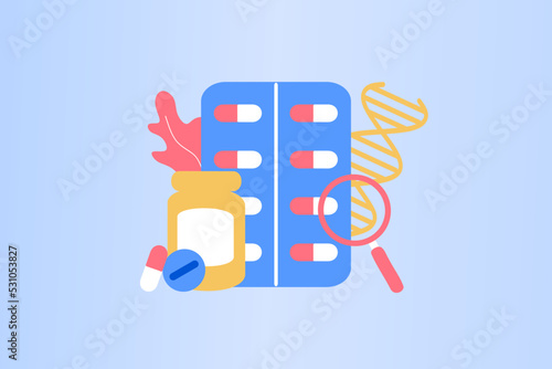 Pharmaceutical drug products manufactured from biological sources. biopharmaceutical products, biopharmacology products, biological medical product, natural pharmacy concept. Flat vector illustration.