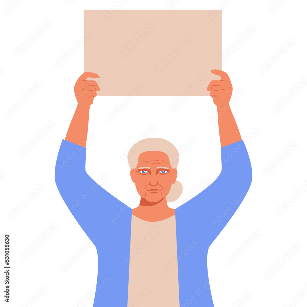 Senior woman with placard place for text. Portrait of neutral face grandma holding blank advertising board or copy space. Protest or support concept with bullet leaf. Flat vector illustration. Senior woman with placard place for text. Portrait of neutral face grandma holding blank advertising board or copy space. Protest or support concept with bullet leaf. Flat vector illustration.