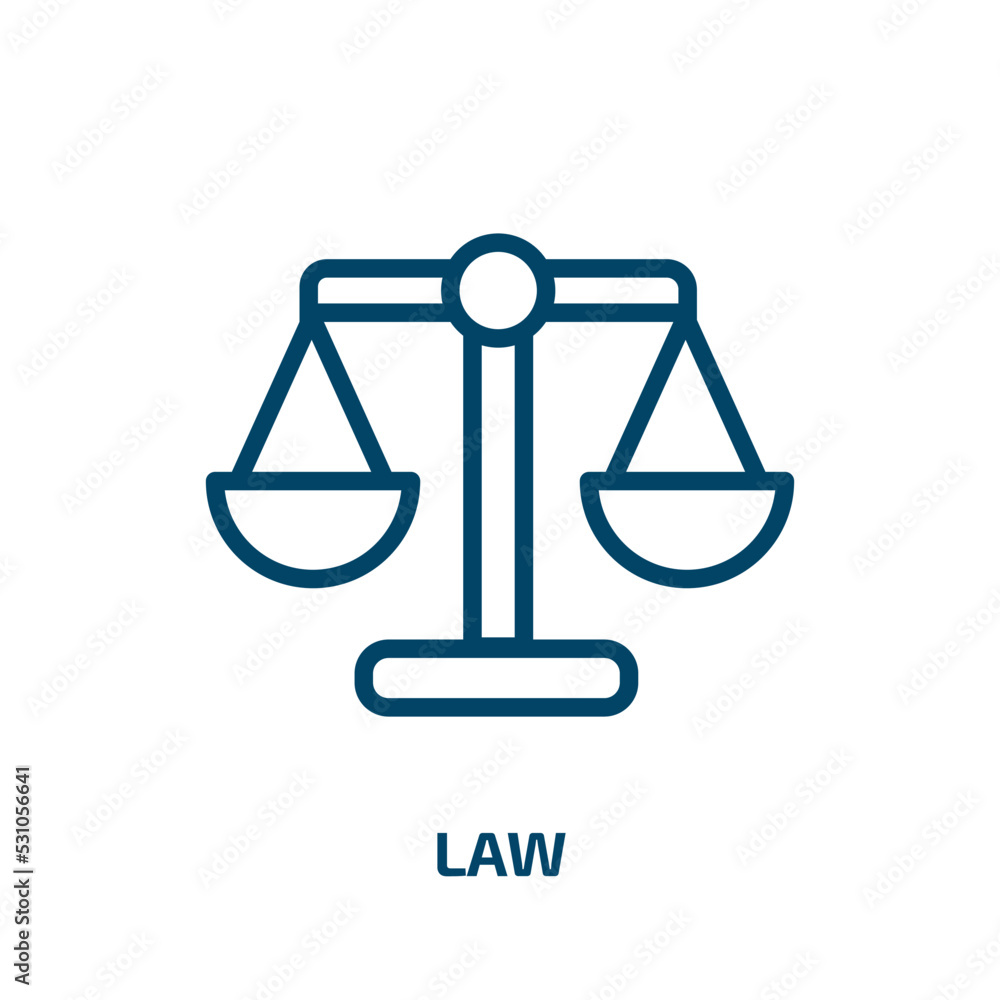 law icon from education collection. Thin linear law, judge, scale outline icon isolated on white background. Line vector law sign, symbol for web and mobile law icon from education collection. Thin linear law, judge, scale outline icon isolated on white background. Line vector law sign, symbol for web and mobile