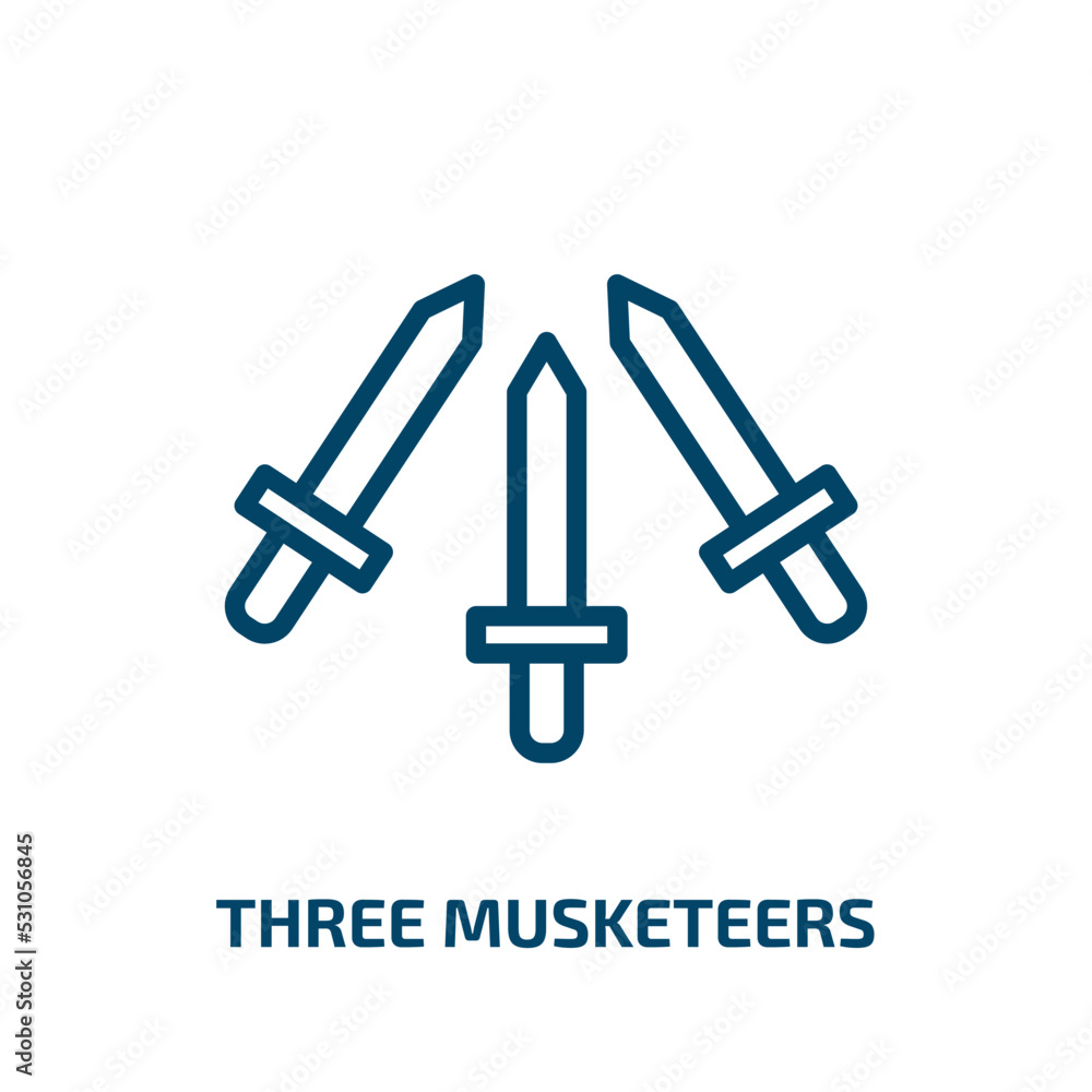 three musketeers icon from education collection. Thin linear three musketeers, musketeer, french outline icon isolated on white background. Line vector three musketeers sign, symbol for web and mobile three musketeers icon from education collection. Thin linear three musketeers, musketeer, french outline icon isolated on white background. Line vector three musketeers sign, symbol for web and mobile