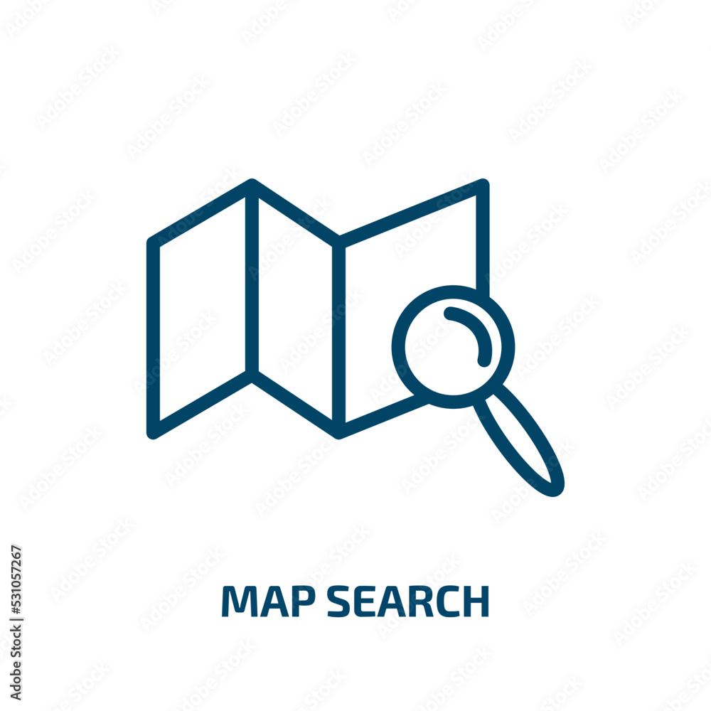 map search icon from general collection. Thin linear map search, search, map outline icon isolated on white background. Line vector map search sign, symbol for web and mobile map search icon from general collection. Thin linear map search, search, map outline icon isolated on white background. Line vector map search sign, symbol for web and mobile