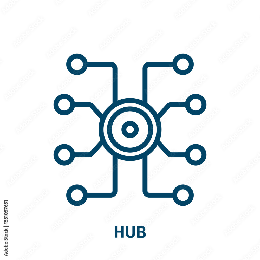 hub icon from internet security collection. Thin linear hub, data, communication outline icon isolated on white background. Line vector hub sign, symbol for web and mobile hub icon from internet security collection. Thin linear hub, data, communication outline icon isolated on white background. Line vector hub sign, symbol for web and mobile