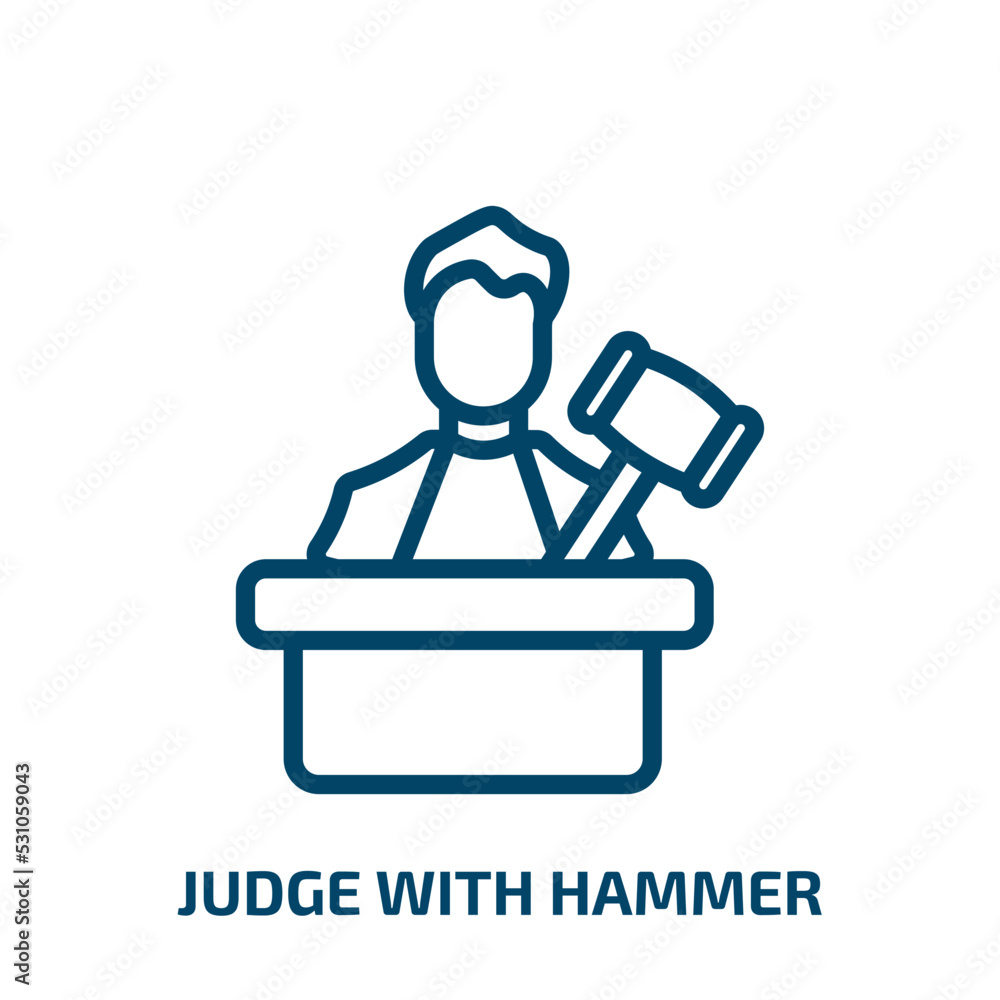 judge with hammer icon from people collection. Thin linear judge with hammer, justice, crime outline icon isolated on white background. Line vector judge with hammer sign, symbol for web and mobile