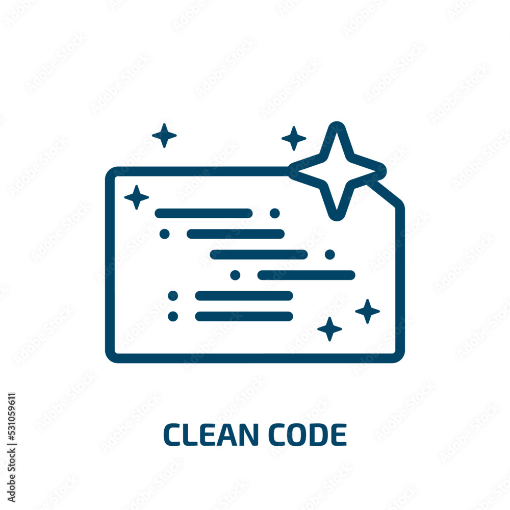 clean code icon from programming collection. Thin linear clean code, clean, code outline icon isolated on white background. Line vector clean code sign, symbol for web and mobile clean code icon from programming collection. Thin linear clean code, clean, code outline icon isolated on white background. Line vector clean code sign, symbol for web and mobile
