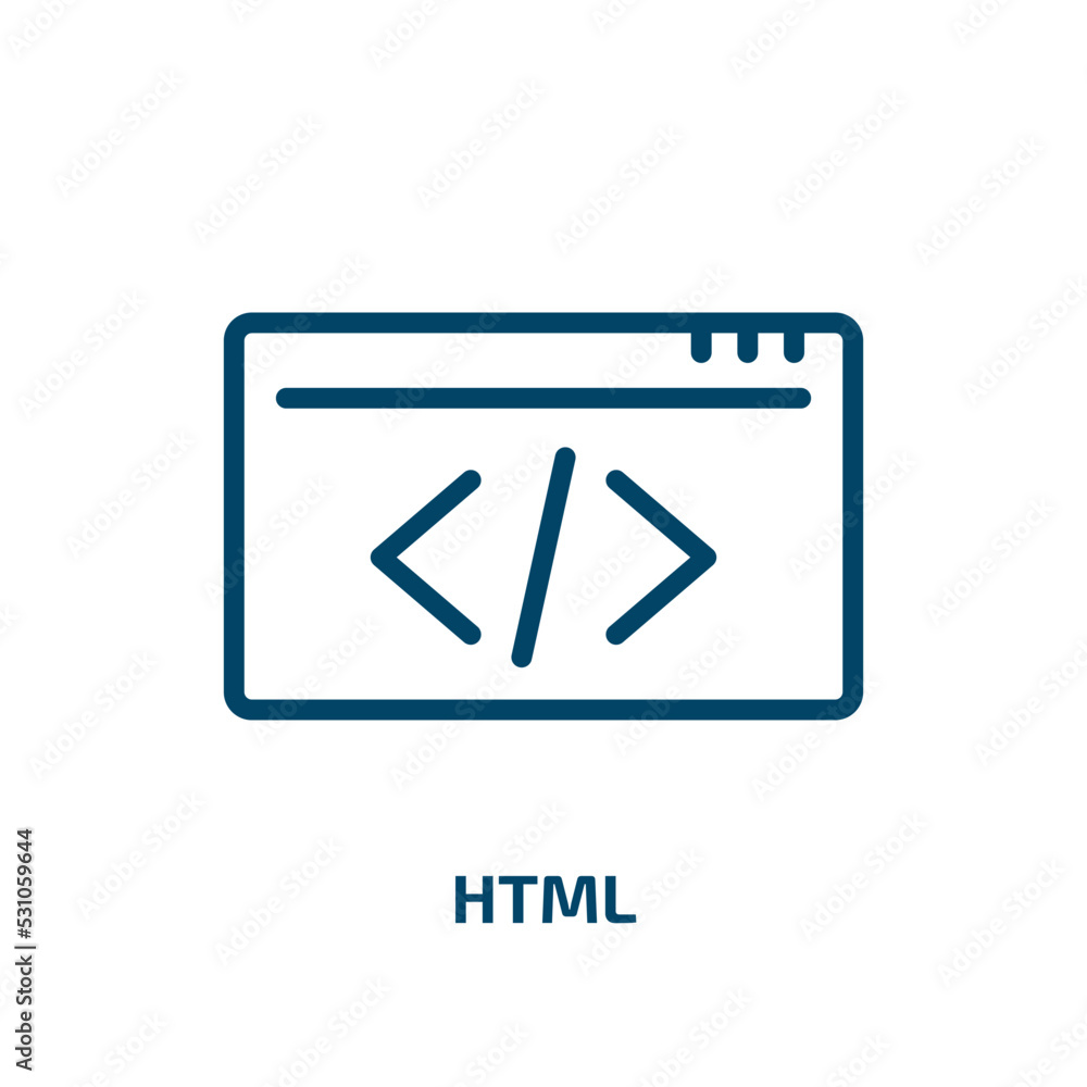 html icon from programming collection. Thin linear html, computer, website outline icon isolated on white background. Line vector html sign, symbol for web and mobile html icon from programming collection. Thin linear html, computer, website outline icon isolated on white background. Line vector html sign, symbol for web and mobile